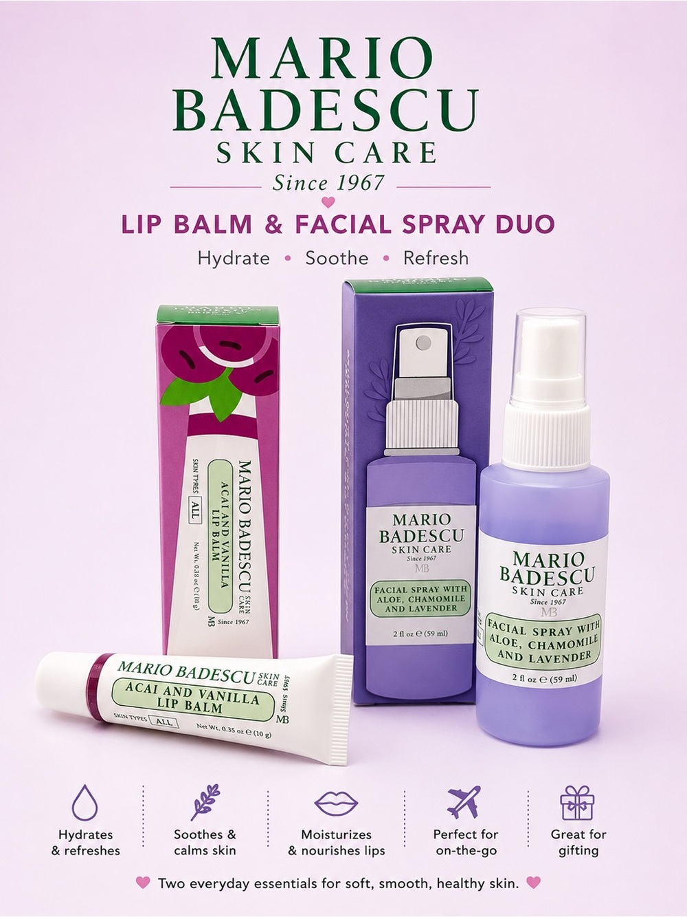Mario Badescu Facial Spray Lavender + Acai Vanilla Lip Balm Gift Set NIB